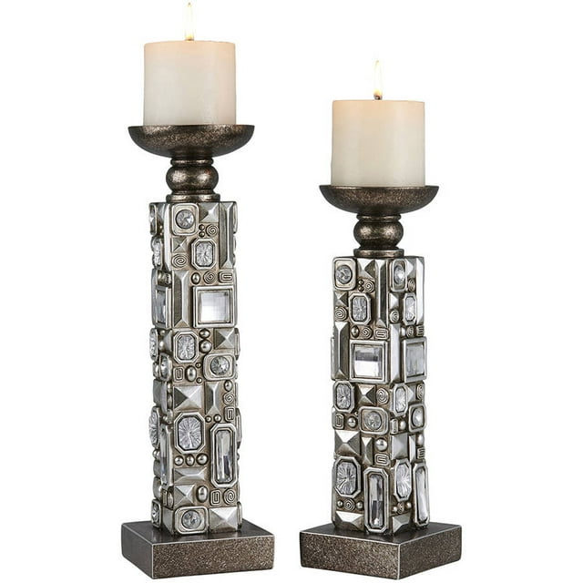 12" and 14" Tall Polyresin "Sierra" Candleholder, Mirrored Abstract design (Set of 2)