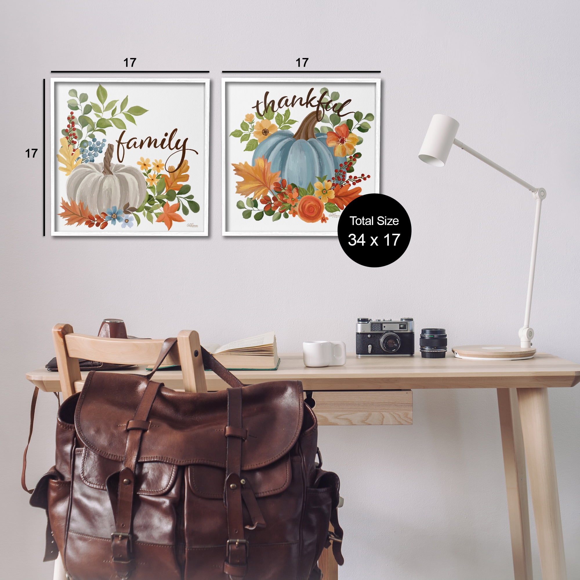 Stupell Industries Family Thankful Fall Pumkin Botanical & Floral Painting White Framed Art Prints Wall Art, 17 x 17, Set of 2