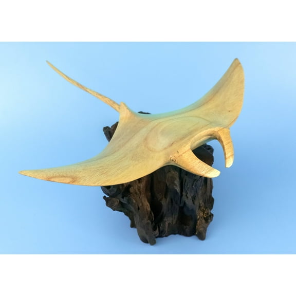 Wooden Hand Carved Stingray on Coral Statue Sculpture Wood Decor Accent Fish Figurine Handcrafted Handmade Seaside Tropical Nautical Ocean Coastal Size: 8" long x 6" deep x 4" tall