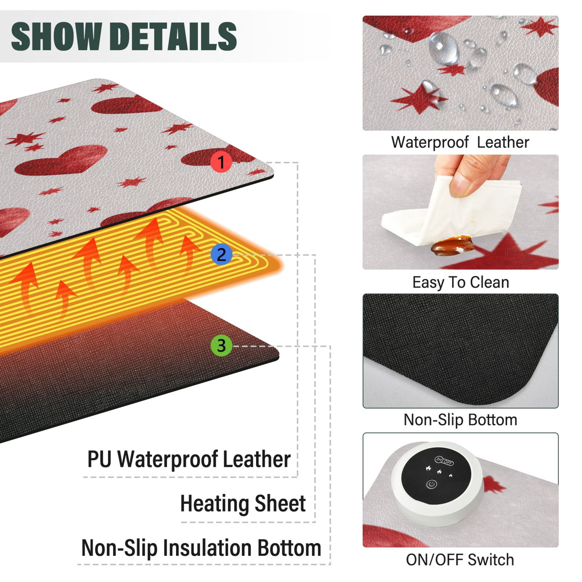 Large Heated Desk Mat Mouse Pad 31.5"x13"PU Leather Graphene Heating Desk Warmer with 3 Temperature Settings 110V US Plug Non-Slip Warm Pad for Home, Office, and Gaming Simple Red Heart Pattern