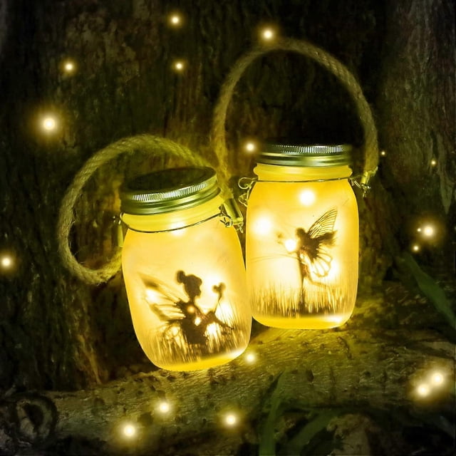 MLOQI 2 Pack Solar Lanterns Outdoor Hanging Lights, Butterfly Fairy in Glass Jar, Solar Garden Lights, Outdoor Decoration (Warm White) [Energy Class A