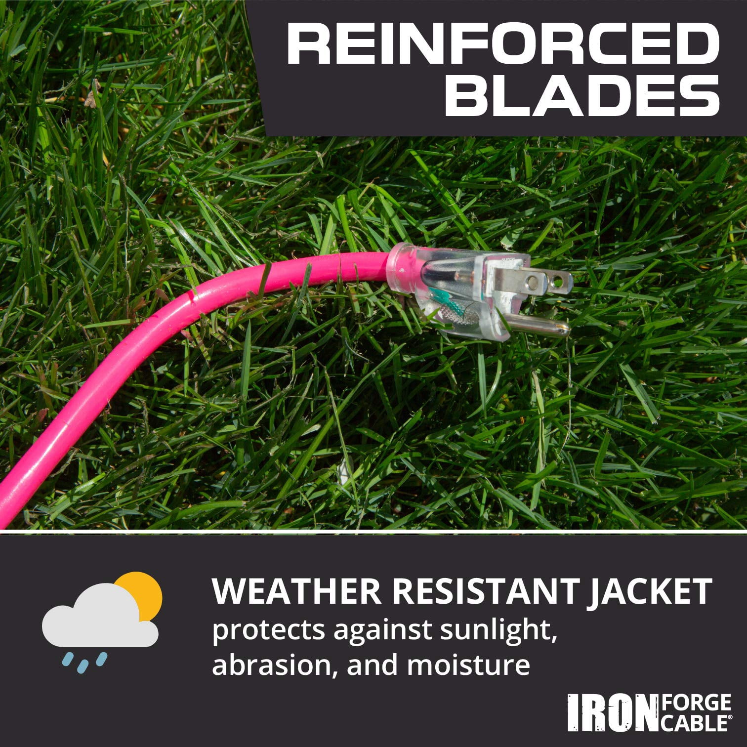 Iron Forge Cable Weatherproof 15 Ft Outdoor Extension Cord - 16/3 SJTW 13 Amp Heavy Duty Neon Pink Extension Cord 3 Prong - Lighted End