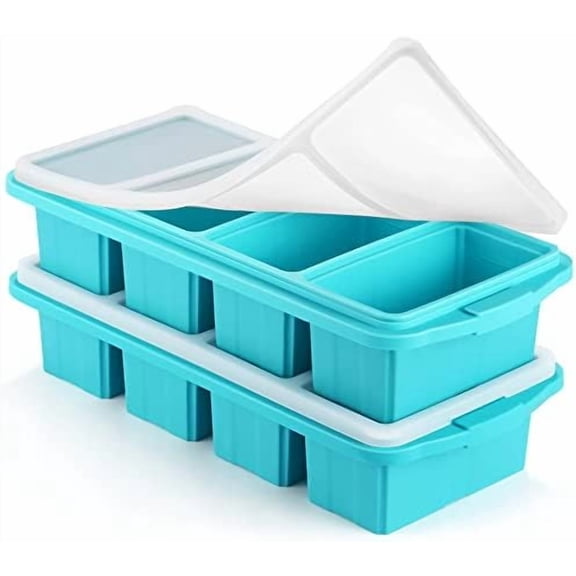 Silicone Freezer Tray With Lid - Silicone Freezer Food Molds- Large Ice Cube Tray,Silicone Freezer Container,Freeze & Store Soup, Sauce, Broth,Leftovers - Makes 4 Perfect 1 Cup 2Pack-Aqua