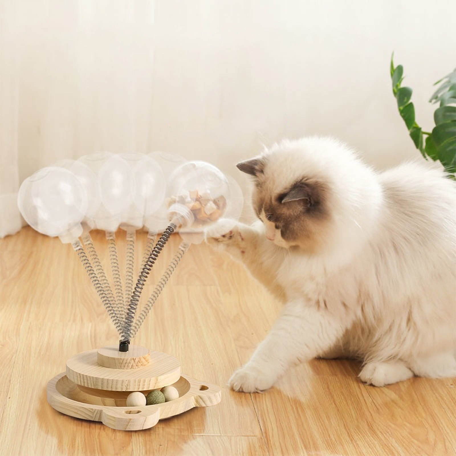 SPOORYYO Solid Wood Spring Rotating Catnip Toy Set - Interactive Cat Teaser with Food Leaking Function - Beige Pet Toy for Cats, Stimulates Hunting Instinct, Safe Chew Toy