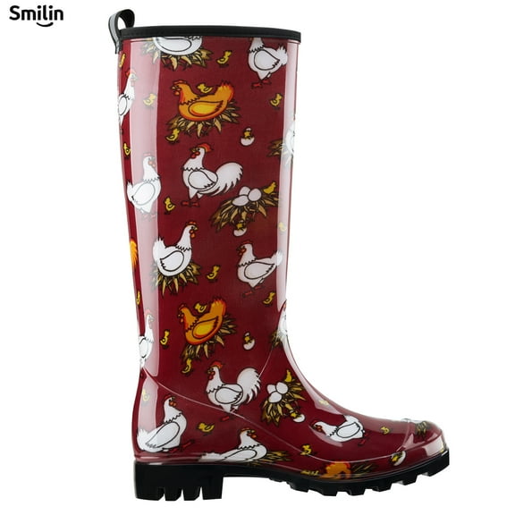 SMILIN Colorful Rain Boots for Women,Mid-Calf Waterproof Anti-Slip Slim Calf Garden Shoes,Red Chickens,US Size 11