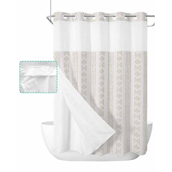 No Hook Shower Curtain with Snap in Liner, Boho Sage Green Striped Farmhouse Style Hotel Shower Curtains for Bathroom, Washable Shower Curtain Liner Set with Mesh Top Window, 48"x72"