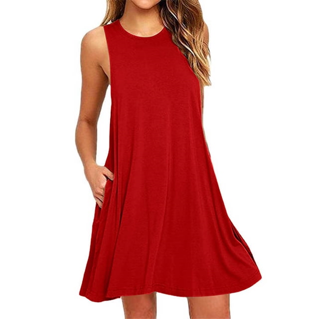 adviicd Robes Décontractées pour Femmes Robe à Volants Superposés Été Décontractée Imprimé Floral Sans Manches Mini Robe Courte Rouge,TG