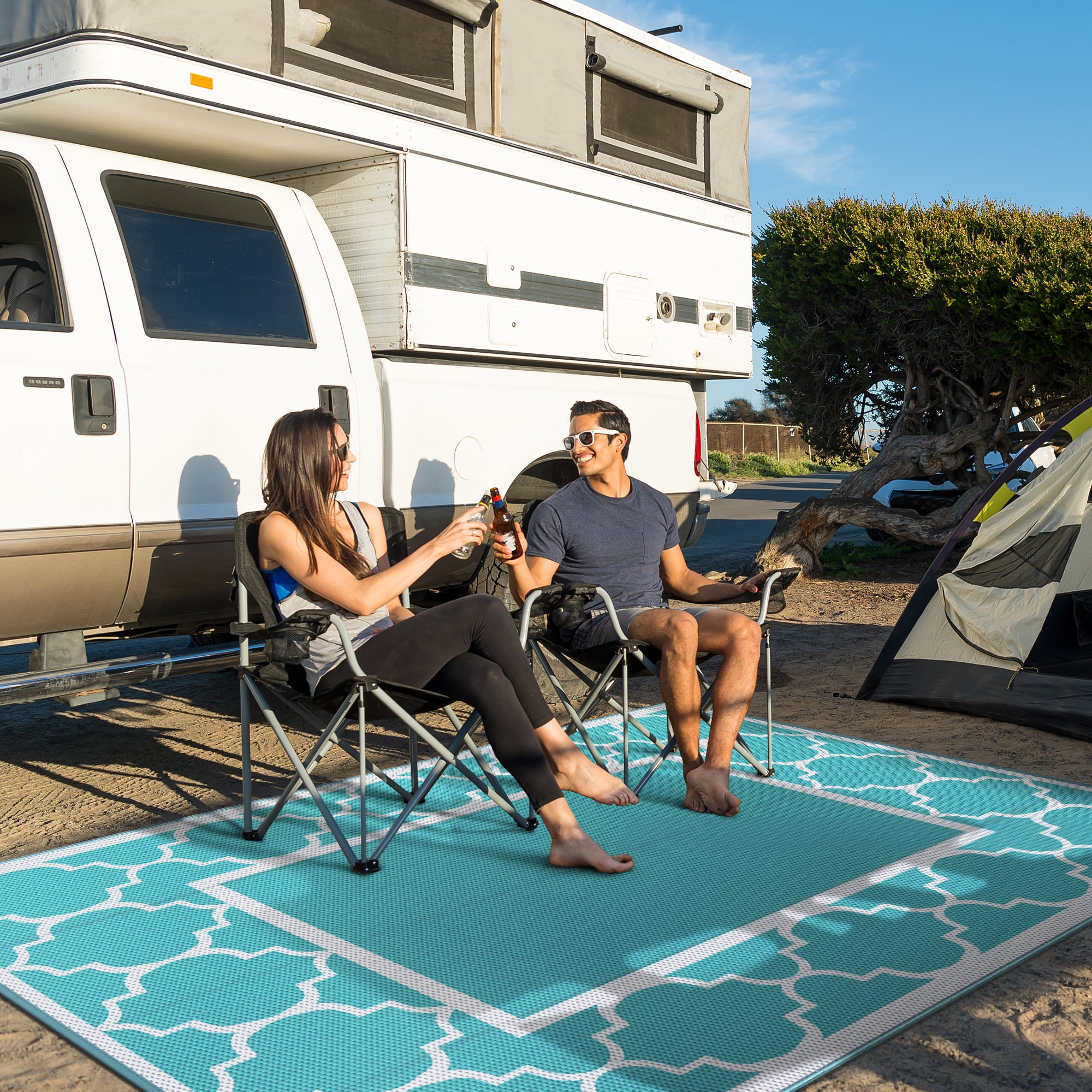 DEORAB Outdoor Rugs Waterproof Plastic Straw Mat 6'x9' Reversible for RV Patio Deck Beach Aqua Blue & White