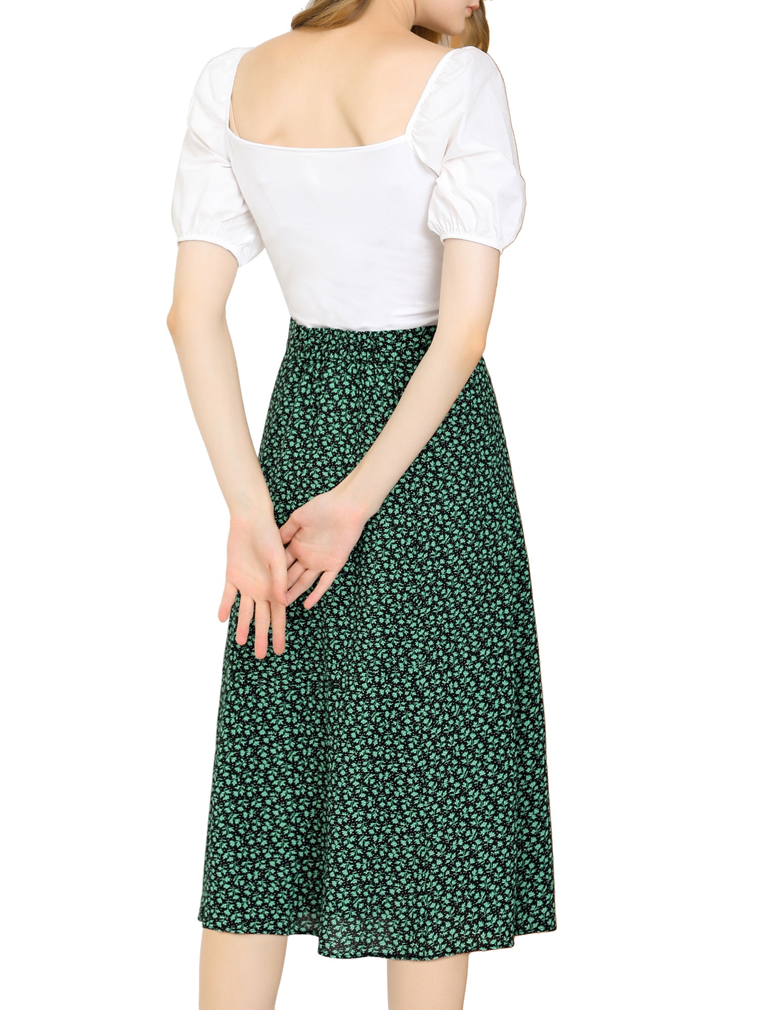DARING DIVA Women's Elastic Waist A-Line Floral Print Midi Skirt XS Green