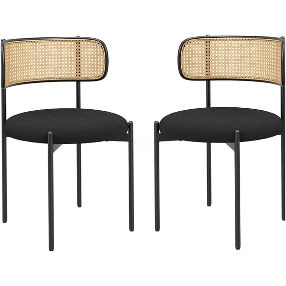 Modern Upholstered Dining Chairs Set of 2, Black Fabric Kitchen Side Chairs with Rattan Back and Sturdy Metal Legs