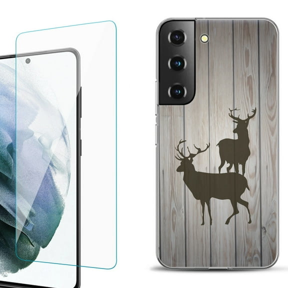 Slim-Fit Fashion Gel Phone Case for Samsung Galaxy S22  5G / S22 Plus 5G, with Tempered Glass Screen Protector, by OneToughShield ® - Wood/Deer