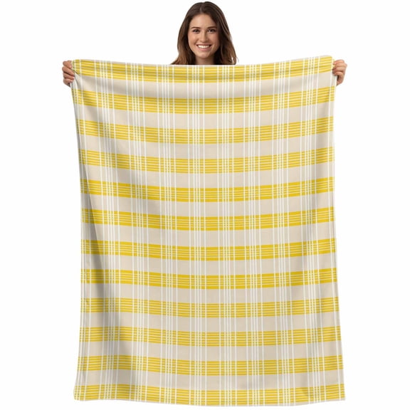 Yellow Plaid Striped Blanket Soft Cozy Warm Throw Blanket for Couch, Plush Fuzzy Flannel Fleece Blankets for Sofa, Farmhouse Checkered Modern Abstract Art Bed Blankets Gifts for Men, 32"x48"