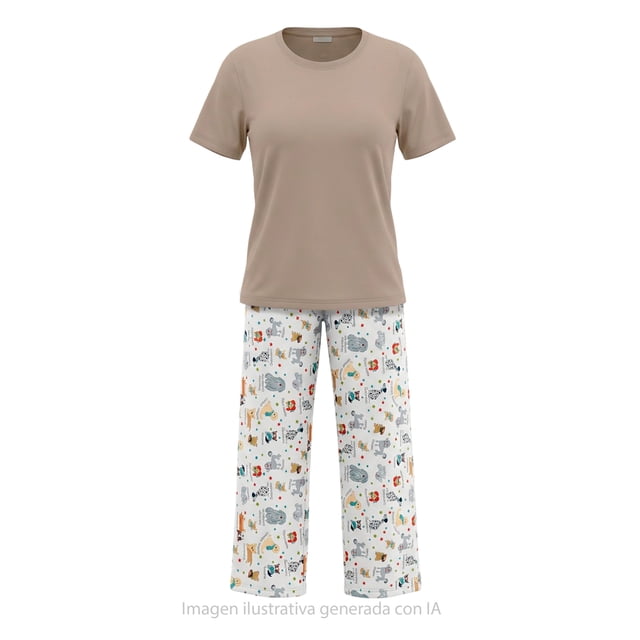 Pijama Secret Treasures para Dama Set Playera Manga Corta con Pantalón Beige Talla M 2 Piezas