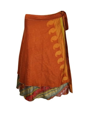 Mogul Women Orange Magic Wrap Skirt 2 Layer Printed Indian Vintage Sari Reversible Beach Wear Wrap Around Skirts