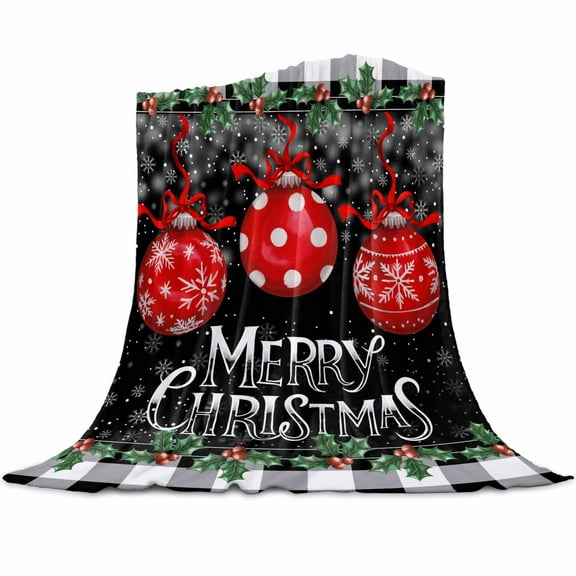 Merry Christmas Flannel Blanket for Bed,Travel and Camping, Red Xmas Balls Poinsettia Black White Plaid Super Soft Cozy Blanket for All Seasons 40" x 50"