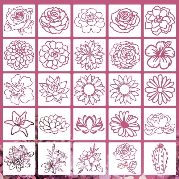 8 Pouces Pochoirs de Fleurs pour la Peinture sur Bois - Grand Rose, Tournesol, Marguerite, Succulent, Modèles de Dessin de Lotus