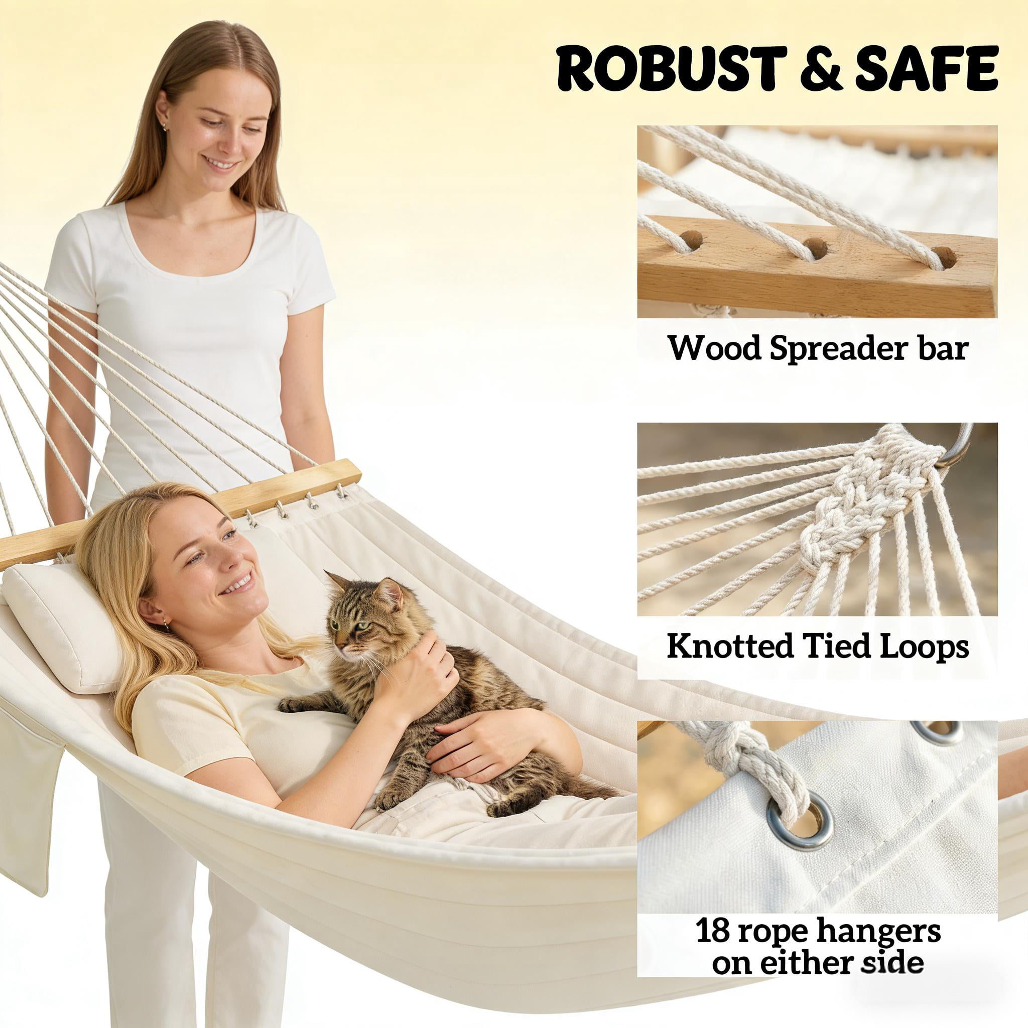 Jopath Double-Person Portable Hammock for Garden,Hammocks Portable Camping 440lb for Porch,Patio,Yard,Bedroom,Outdoor,Beach,Cream White
