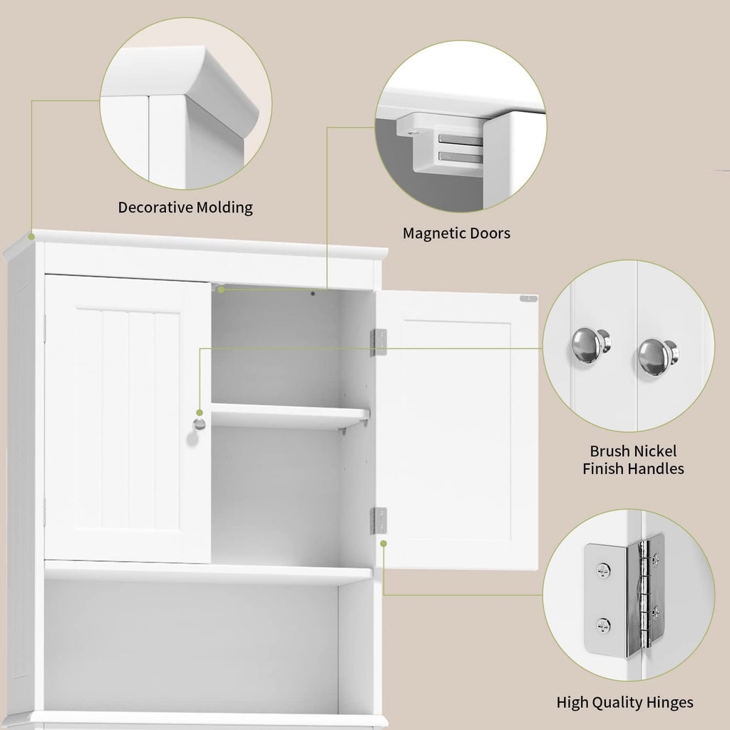 Aiho 66.1" over the Toilet Storage Cabinet with Adjustable Shelf and Open Storage Shelf, Freestanding - White