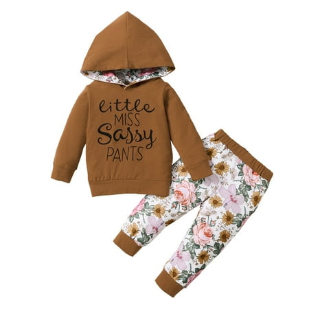

Infant Baby Girls Clothes Baby Girls Outfits Letter Print Long Sleeve Hooded Tops Floral Pants 2PCS Set Brown 9-12 Months