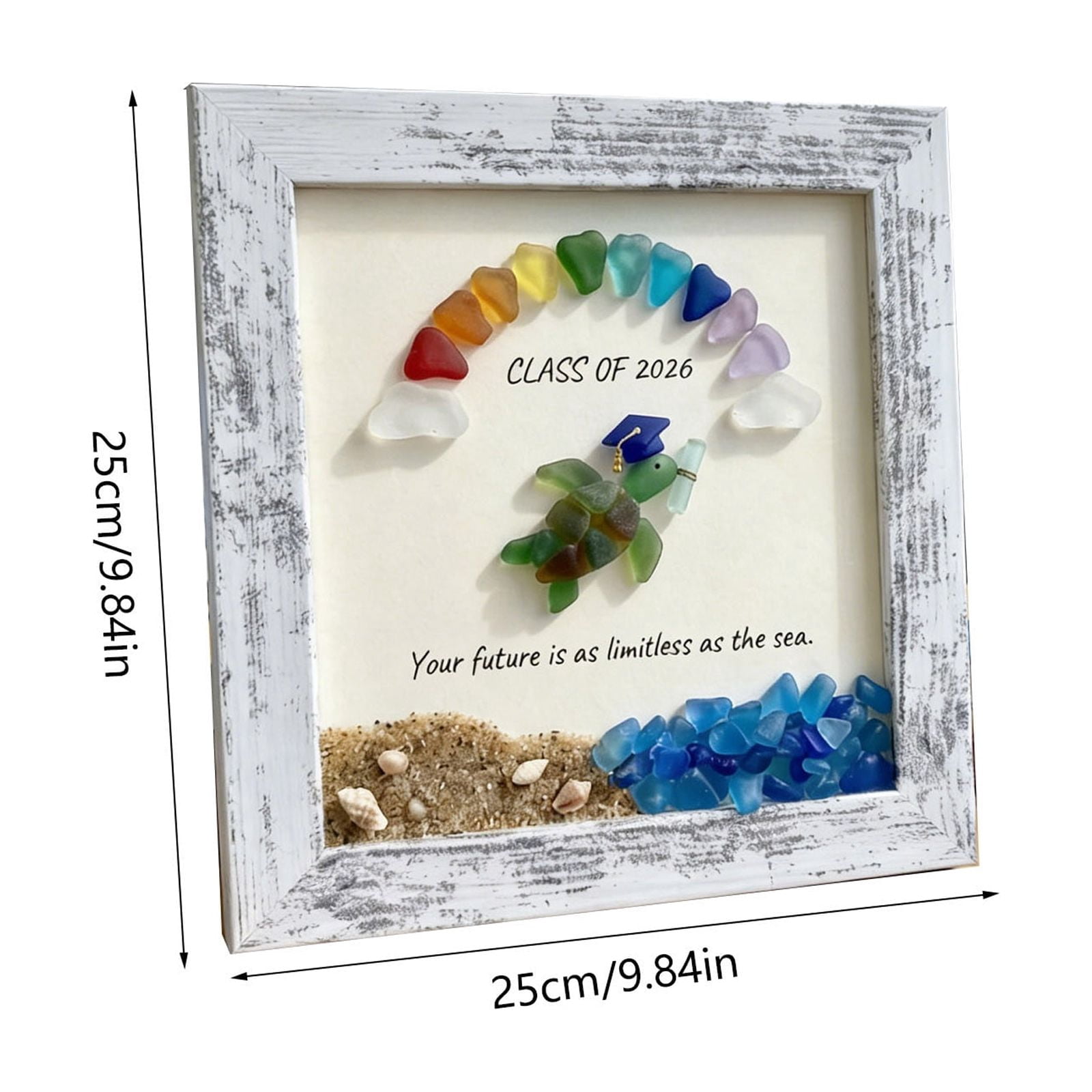 Tusihei 2Pcs Sea Glass Graduation Art, Graduation Keepsake Gift, Graduation Keepsakes Frame with Rainbow Turtle Cap Coastal Decor for Women Men Graduates