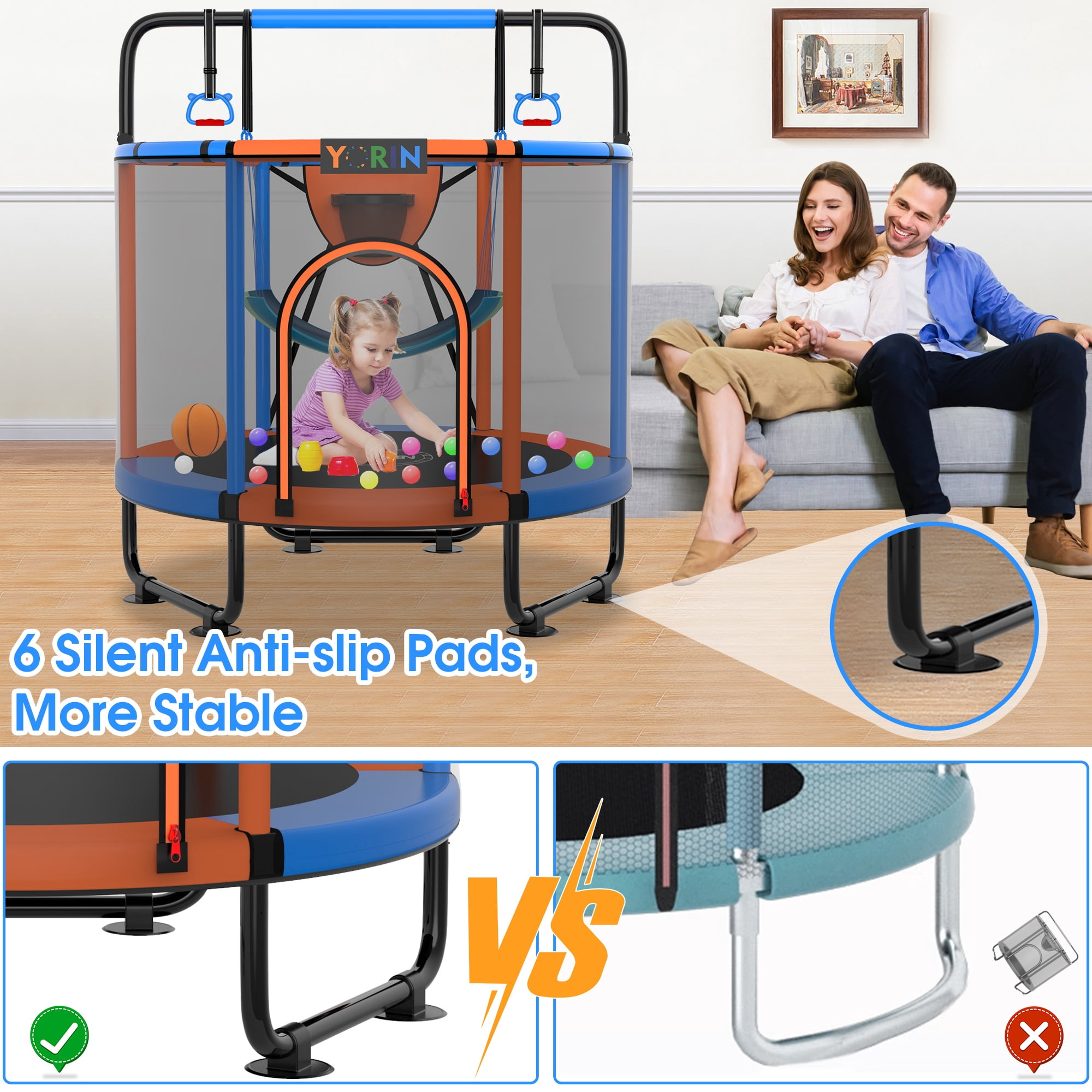 YORIN Trampoline for Kids, 65'' Toddler Mini Trampoline with Enclosure Net, Basketball Hoop, 5.5FT Indoor/Outdoor Kids Trampoline with Swing, Adjustable Gymnastics Bars, Gifts for Boys Girls, 650LBS