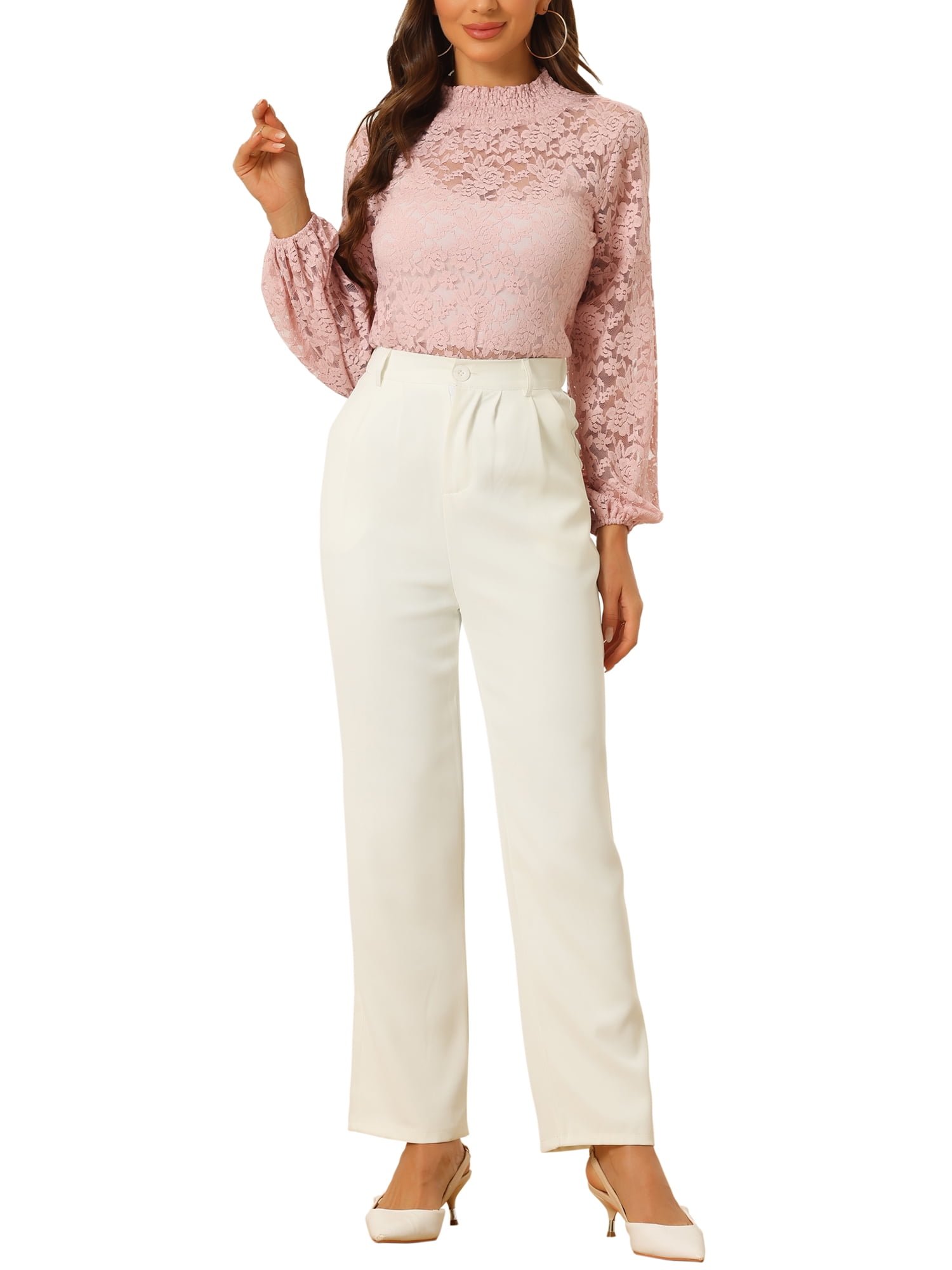 DARING DIVA Lace Elastic Cuff Long Sleeves Vintage Blouse M Pink