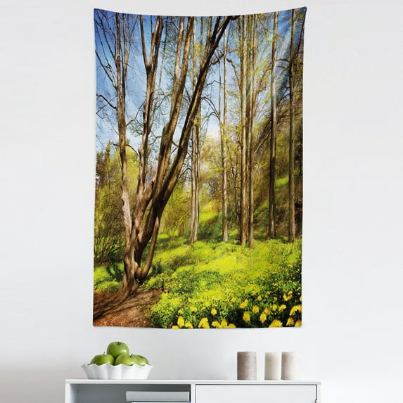 Nature Tapestry, Spring Forest Flower Field and Trees Dreamy Eco in Sunny Open Sky Landscape, Fabric Wall Hanging Decor for Bedroom Living Room Dorm, 5 Sizes, Yellow Blue Brown, by Ambesonne