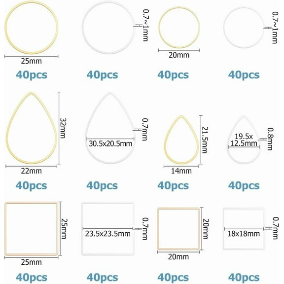 1 set 240Pcs Earring Beading Hoop Rings 5 Sizes Brass Open Bezels Linking Rings Teardrop Square Round Hollow Frame Pendant for DIY Bracelets Necklace Jewelry Making Golden & Silver