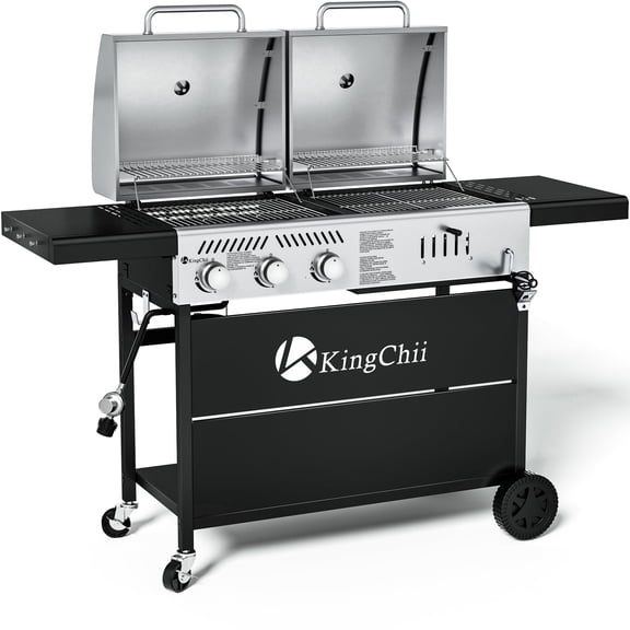KingChii Gas and Charcoal Grill Combo, Dual Fuel 3-burner BBQ Grill Smoker with Side Burner for Outdoor Patio Cooking Barbecue