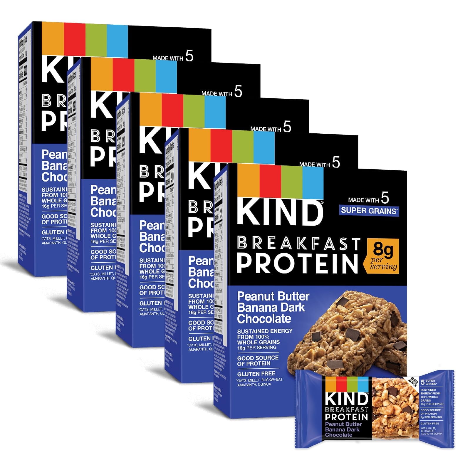 (5 pack) KIND Breakfast Peanut Butter Banana Dark Chocolate Gluten Free Protein Snack Bars, 1.76 oz, 12 Count One box