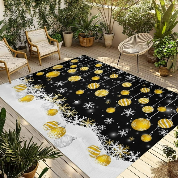 Fsddascl Black Yellow Christmas Balls Outdoor Rug for Patio/Deck/Porch, Non-Slip Large Area Rug 5 x 8 Ft, Xmas Snowflake Indoor Outdoor Rugs Washable Area Rugs, Reversible Camping Rug Carpet Runner