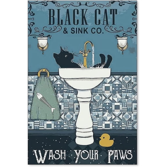 Aaheei Cat Bathroom Wall Art Funny Black Cat Poster Wash Your Paws Vintage Toilet Signs Canvas Prints Cute Animal Artwork for Kitchen Restroom Wall Decor