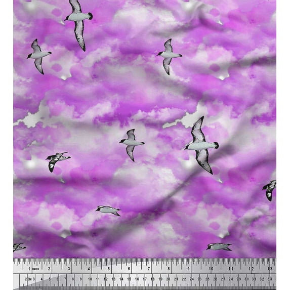 Soimoi Rayon Crepe Fabric Sky & Flying Swift Bird Fabric Prints By Yard 46 Inch Wide