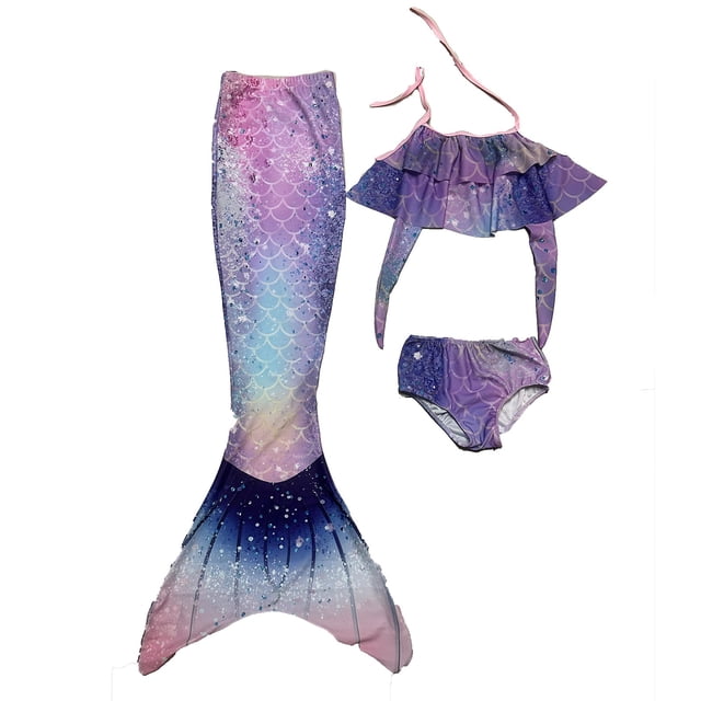 Hiiyo Maillot de Bain Sirène pour Grandes Filles, Ensemble Queue de Poisson, Imprimé Écailles, 3 Pcs