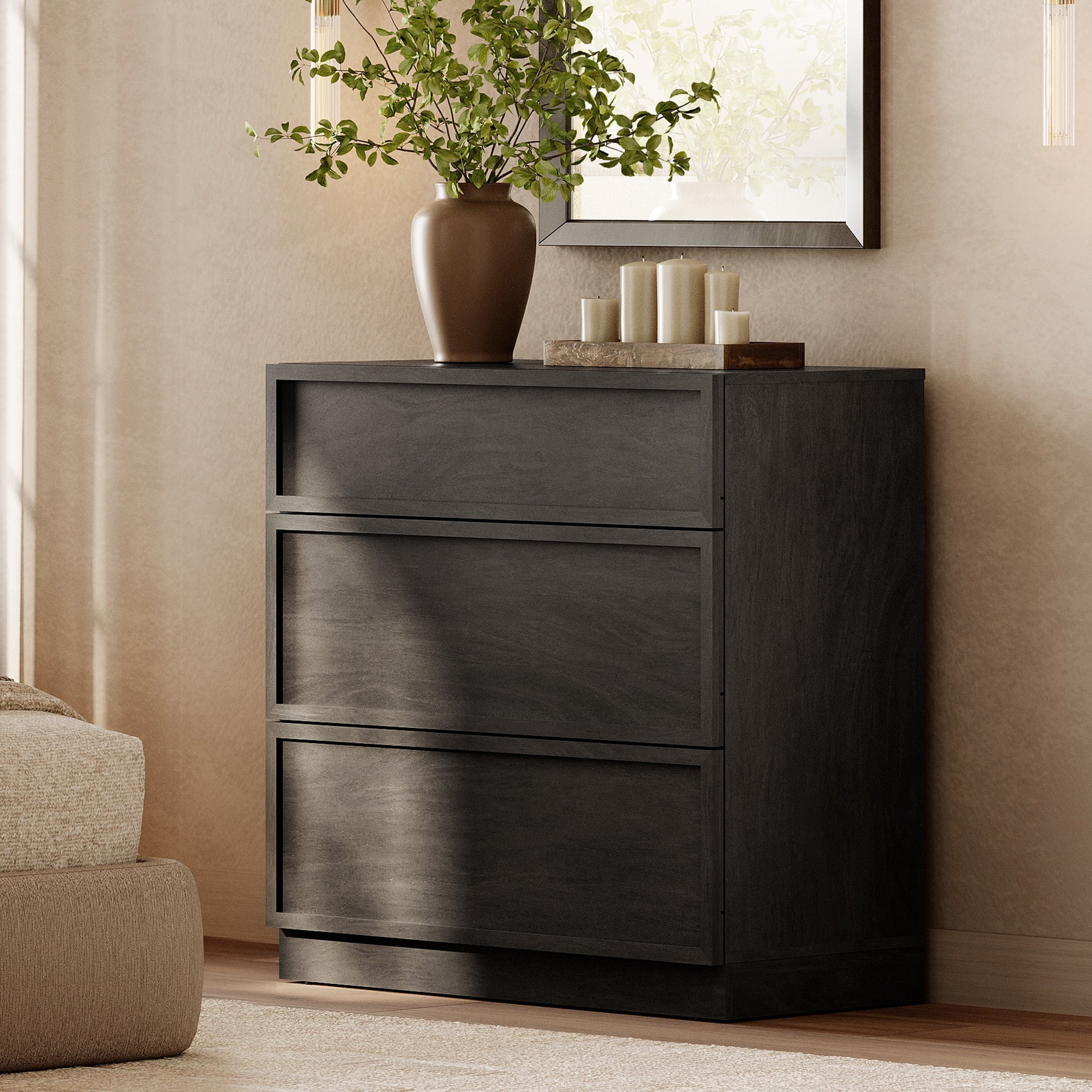 Modern 3-Drawer Wood Dresser, Handle-Free Push-Press Storage Chest with Solid Floor Base, Minimalist Storage Cabinet for Bedroom Living Room, Black
