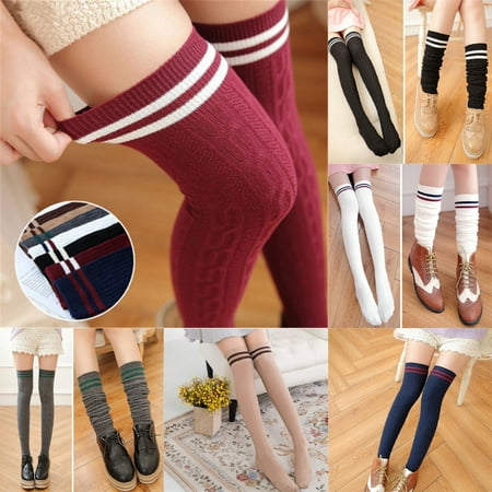 New Women Knit Cotton Over The Knee Long Socks Striped Thigh High Stocking (Best Socks For Standing Long Hours)