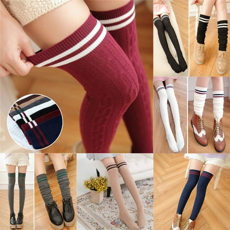 New Women Knit Cotton Over The Knee Long Socks Striped Thigh High Stocking (Best Socks For Walking Long Distances)