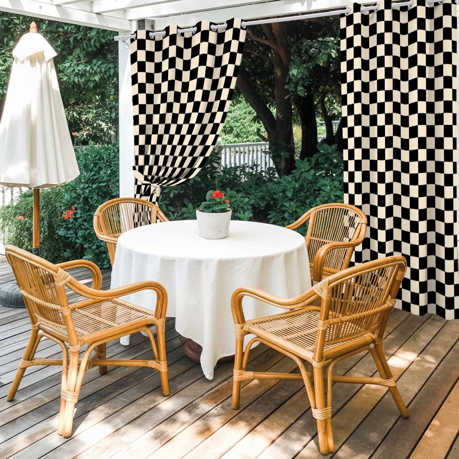 Black Beige Checkered Outdoor Curtains for Patio, Abstract Minimalist Plaid Sunshade Privacy Drapes Grommet Waterproof Outside Curtains for Porch/Cabana/Balcony 54"x 108", 1 Panel