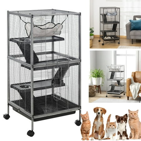 PawHut Metal Small Animal Cage Rolling Big Ferret Cage, Chinchilla Cage, Sugar Glider Cage, with Hammock & 4 Tiers, Removable Tray, Gray