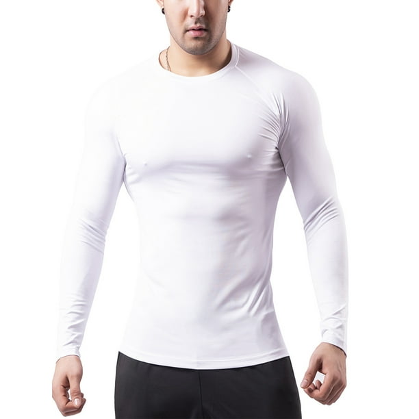 MAWCLOS Mens Compression T Shirts Quick Dry Sport Shirt Crew Neck Baselayer  Tops Comfy Running Long Sleeve Workout T-shirt White S