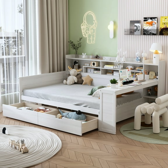 Wooden Full Size Daybed with Storage Shelves, Multi-functional Bed with Two Storage Drawers and Study Desk, Antique White
