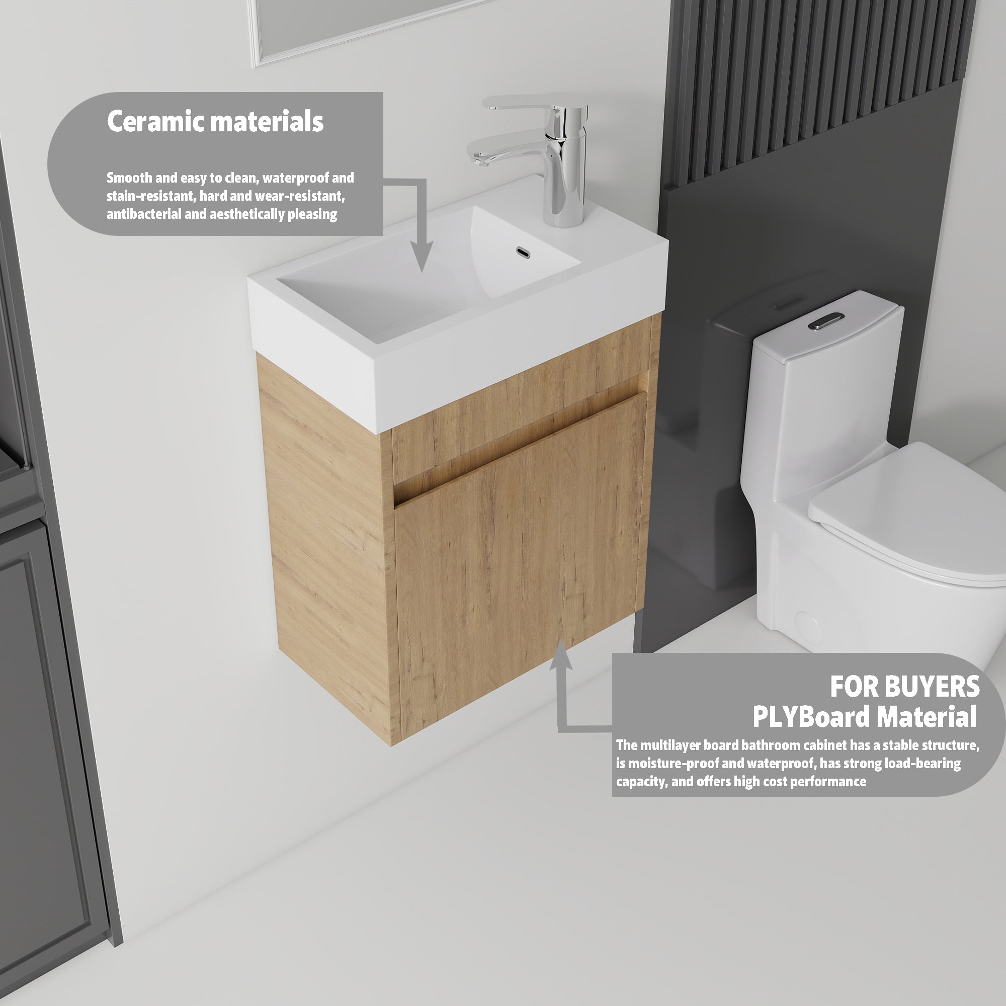 Leumius 18" Floating Bathroom Vanity with Ceramic Sink,Modern Wall Mounted Basin Cabinet with Soft-Close Doors for Small Bathrooms,Oak