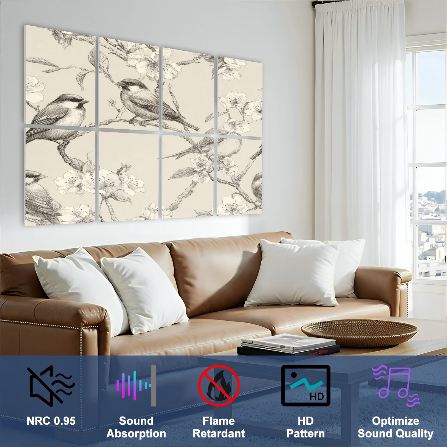 8 Pack Art Acoustic Panels Sound Absorbing Vintage Bird Cherry Blossom Decorative Soundproof Wall Panels Self Adhesive for Nursery Game Room Bedroom 48"x32"