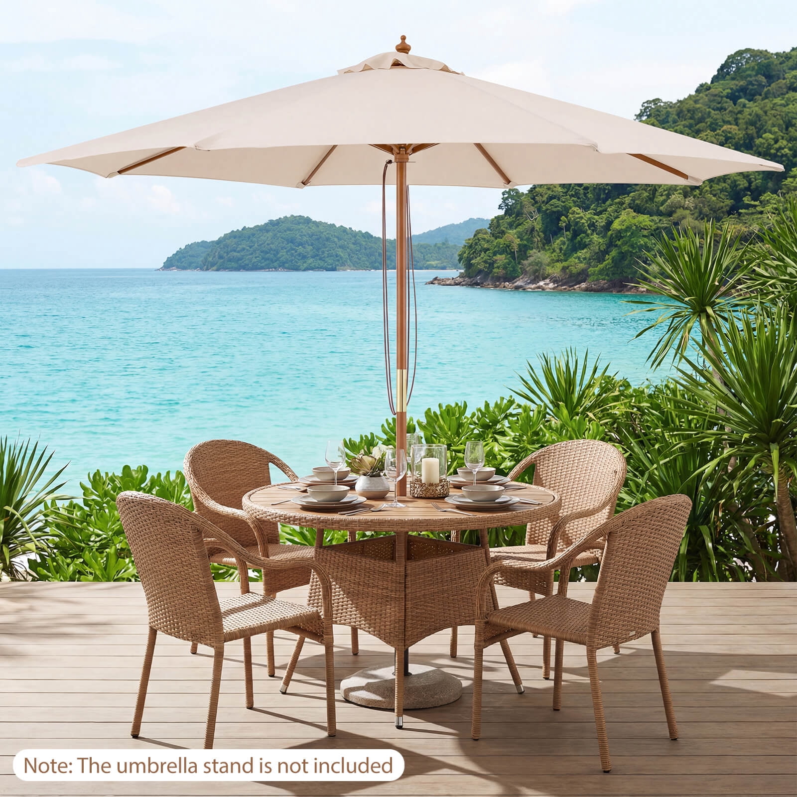 Costway 9 FT Patio Umbrella with Adjustable Height Rope Pulley Lift Vented Top 8 Sturdy Ribs Beige