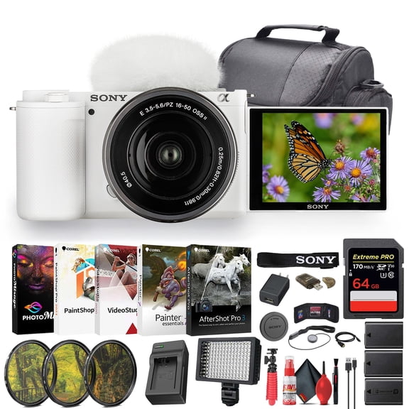 Sony ZV-E10 Mirrorless Camera with 16-50mm II Lens, White   Extended Battery Kit (International Model)