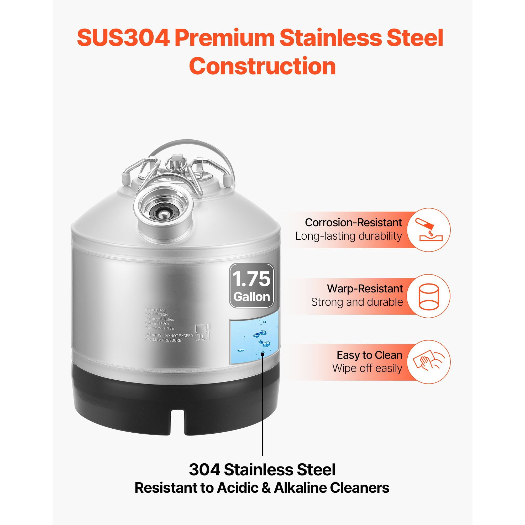 Beer Line Cleaning Kit with D Coupler, 1.75 Gallon Stainless Steel Keg Cleaner for Kegerator Maintenance