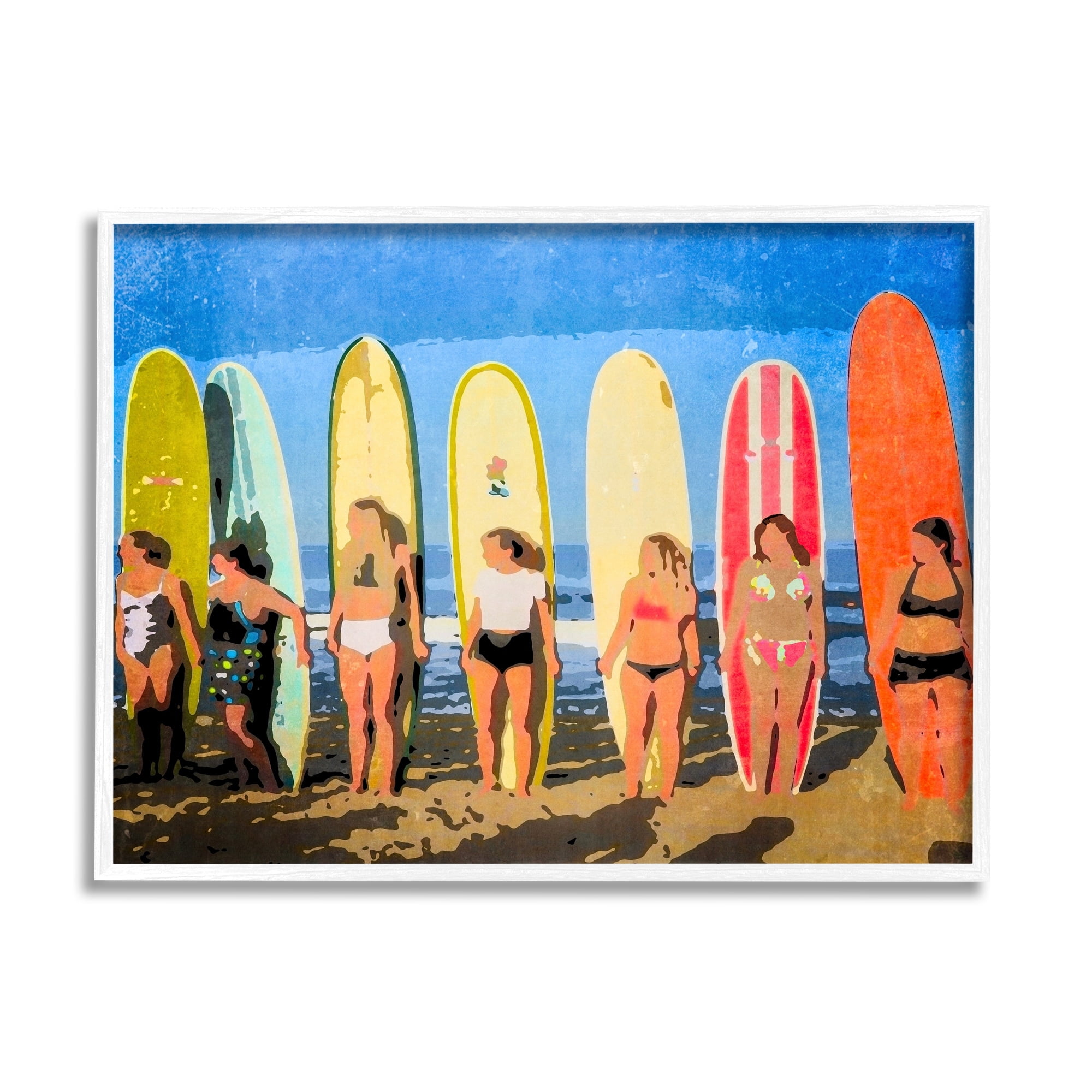 Stupell Industries Modern Pop Style Women Surfing Ocean Sports Graphic Art White Framed Art Print Wall Art, Design by Graffitee Studios