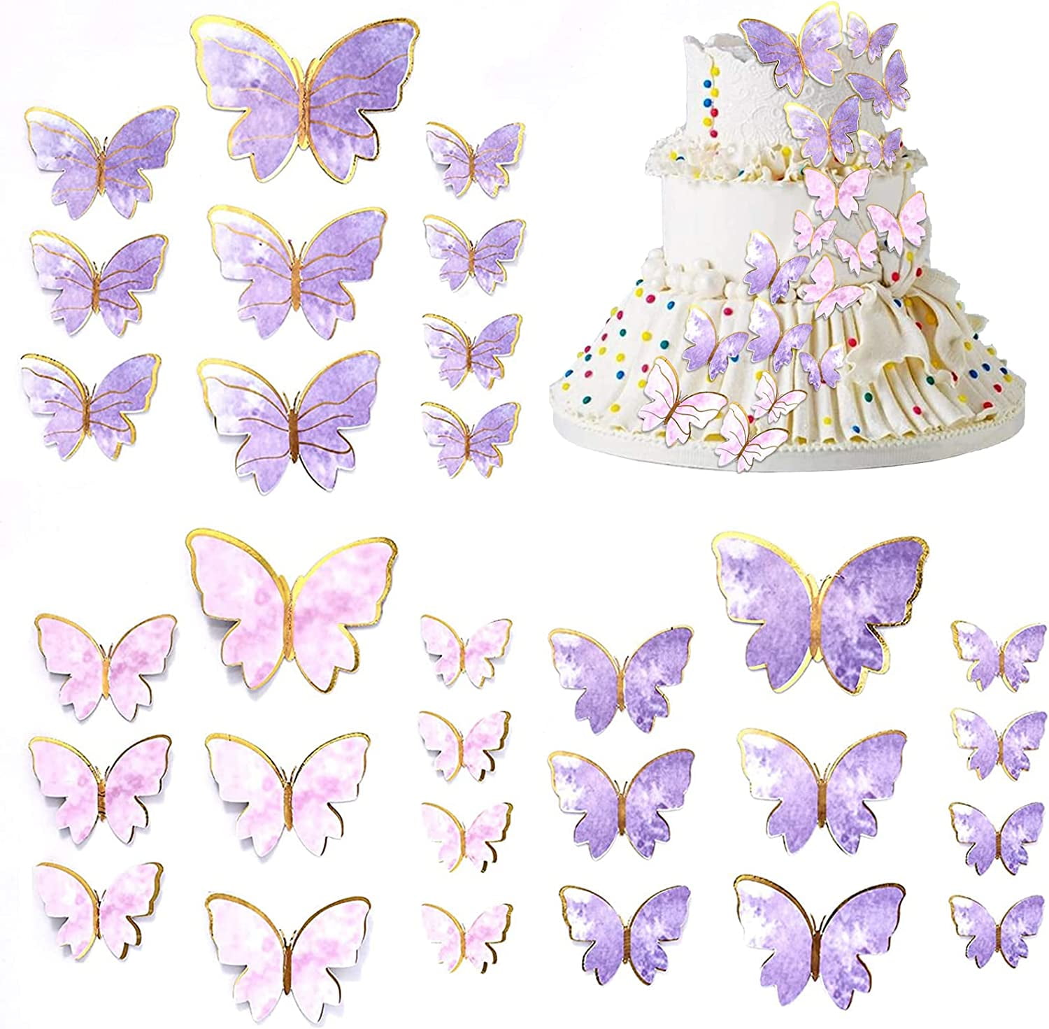 Butterfly Cupcake Toppers, 3 Styles 60Pcs Butterfly Cake Decorations, Happy Birthday Cake Topper for Birthday Wedding Fairy Party Butterfly Wall Sticker Decal for Background Wall Decoration
