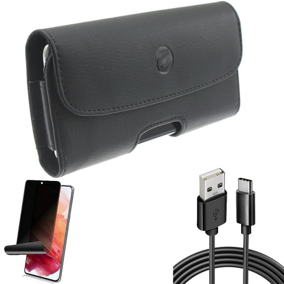 6ft USB Cable w Case Belt Clip w Privacy Screen Protector for Samsung Galaxy S21 Plus - Type-C Charger Cord, Leather Holster, TPU Film Fingerprint Works Accessory Bundle