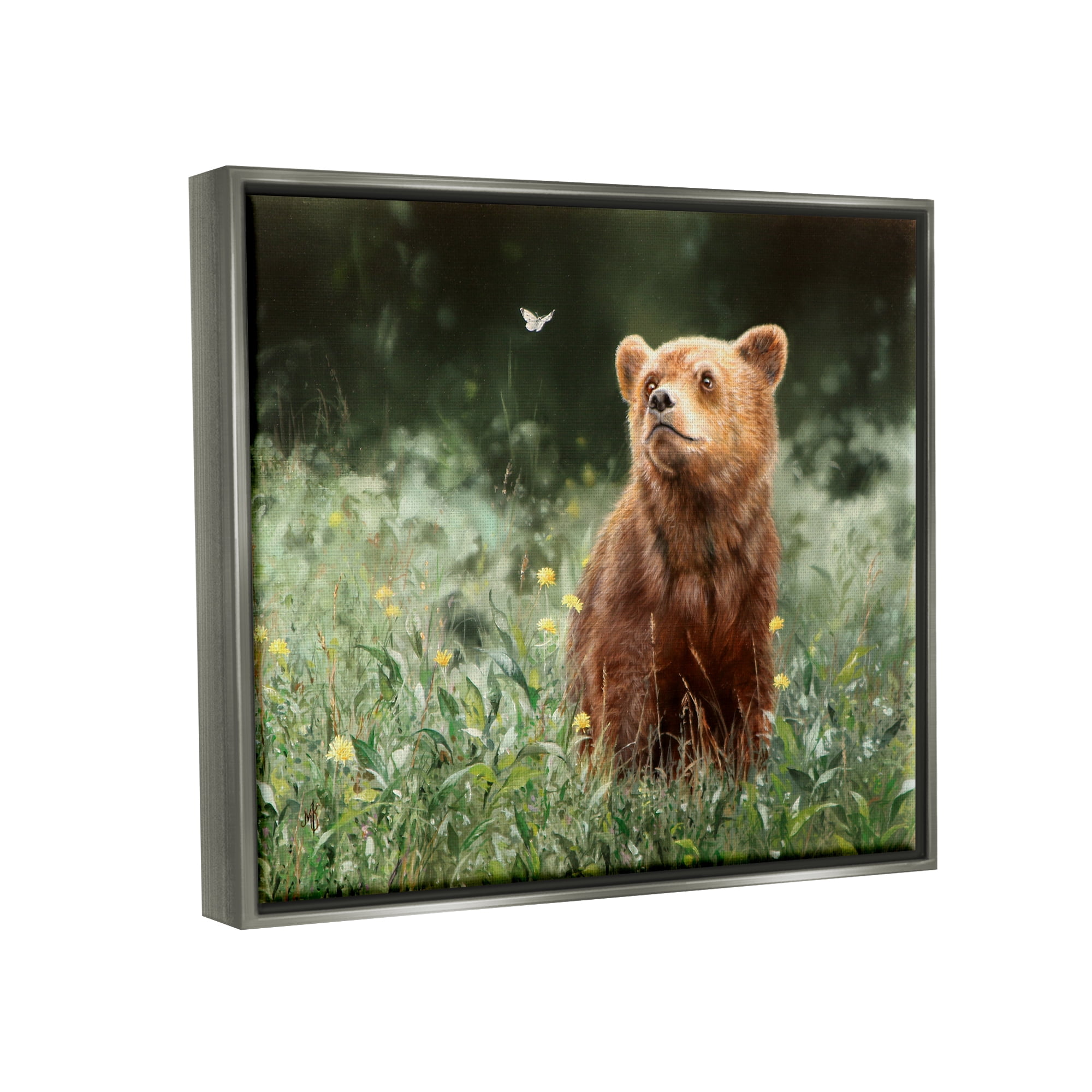 Stupell Industries Bear & Butterfly in Meadow Animals & Insects Photography Gray Floater Framed Art Print Wall Art, 31 x 25